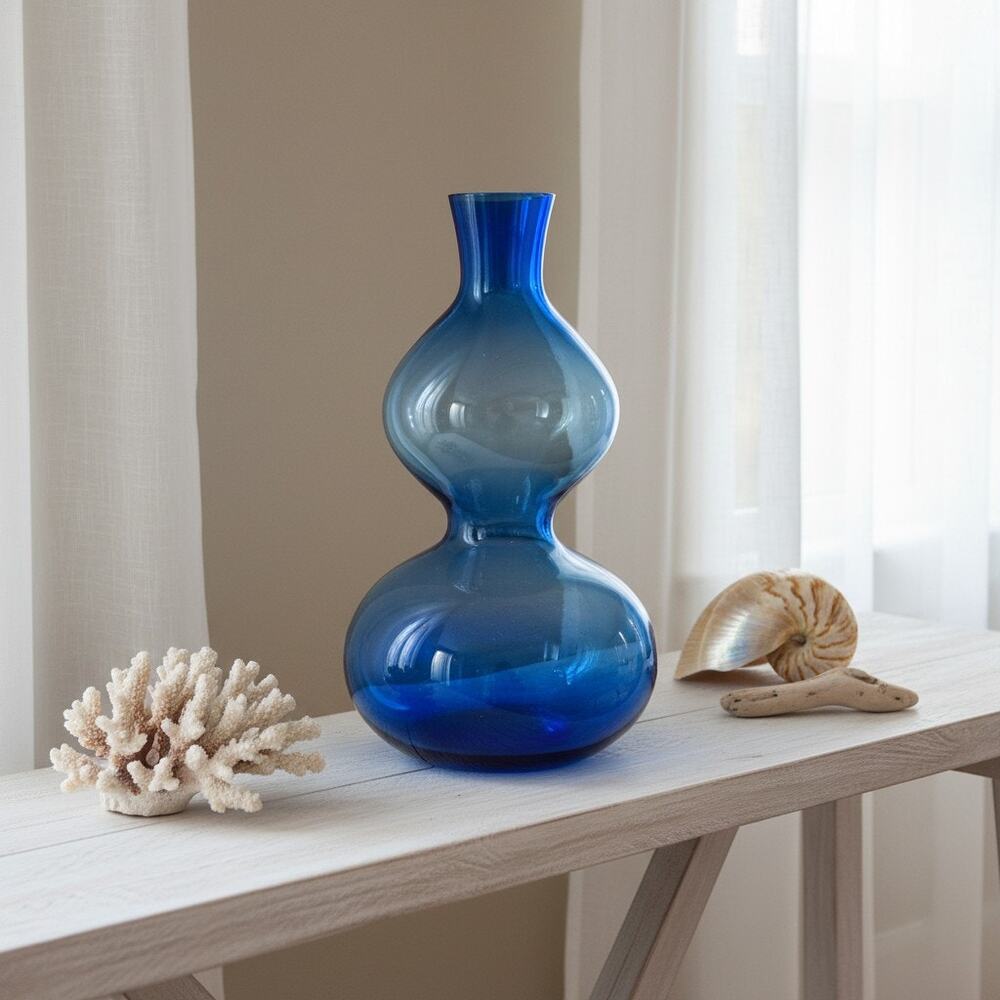 Vintage Hand Blown Blue Studio Art Glass Vase-Translucent-Double Gourd-Bottle